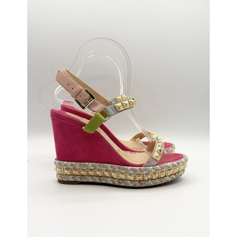 Christian Louboutin Pink Suede Pyradiams 110 Studded Espadrille Wedges EU 35